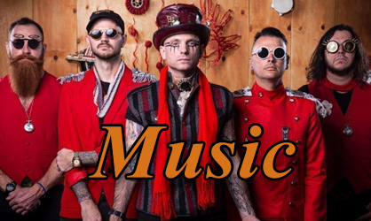 Group of musicians in red outfits with unique accessories