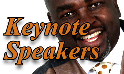 Smiling keynote speaker portrait with text overlay