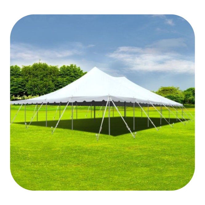 Large white stretch tent set up on green grass