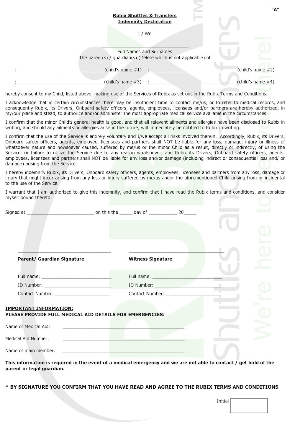 Indemnity declaration form for Rubix Shuttles & Transfers