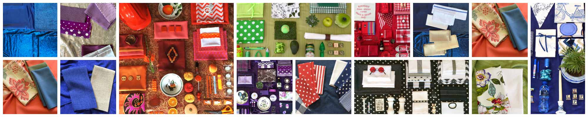 Variety of table runners in different colors and textures
