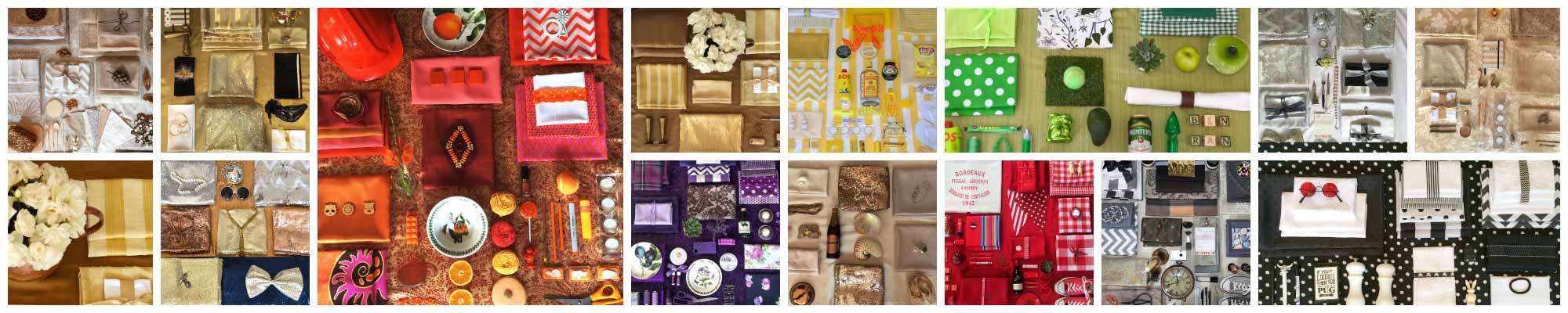Colorful arrangement of various table runners and accessories.