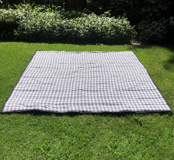 A checkered picnic blanket spread on green grass.