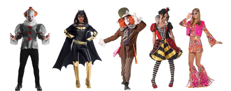 Various themed costumes on display including clowns, superheroes, and retro outfits.