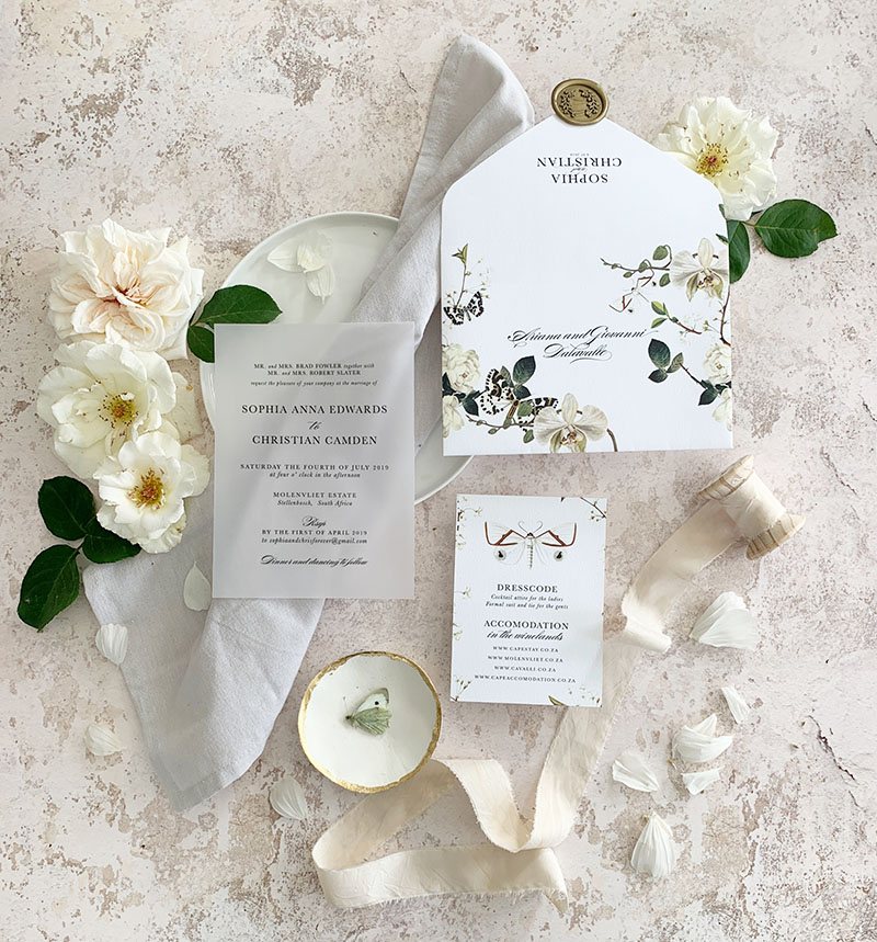 Floral-themed wedding invitation with ribbon and decor elements