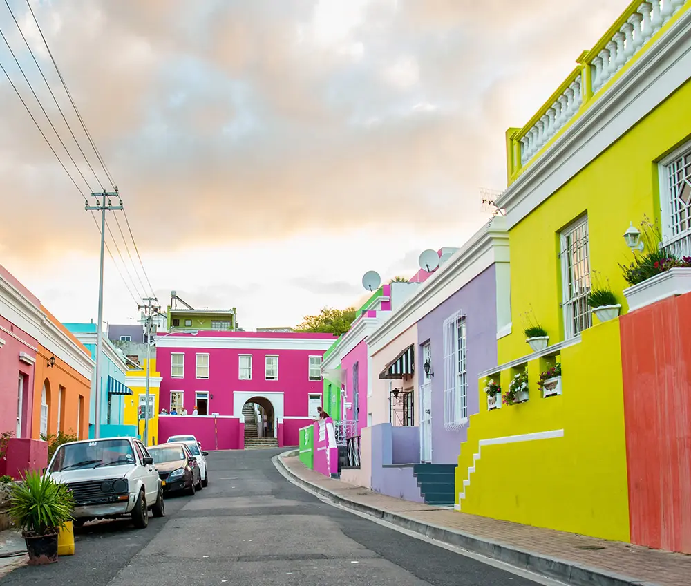 Colorful buildings along a street in Cape Town