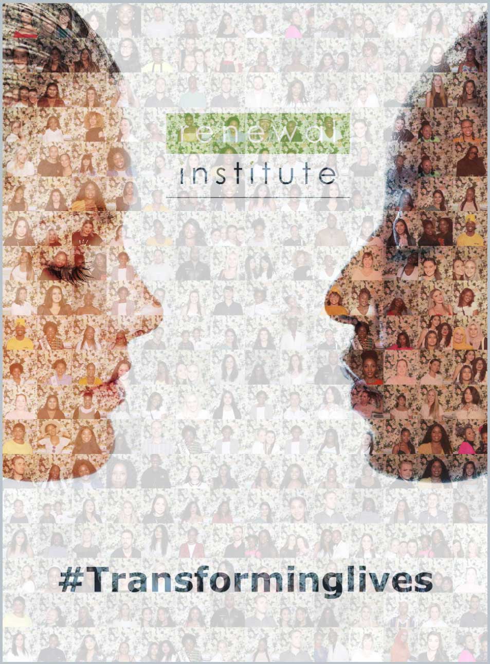 Mosaic of faces representing personal transformations for Renewal Institute.