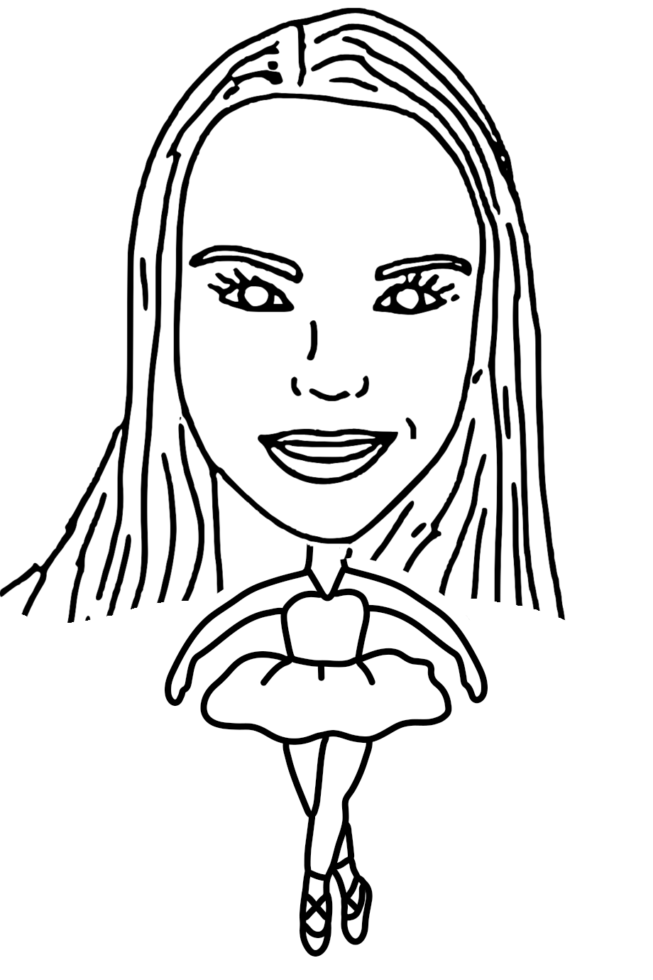 Hand-drawn sketch of a ballerina with long hair.