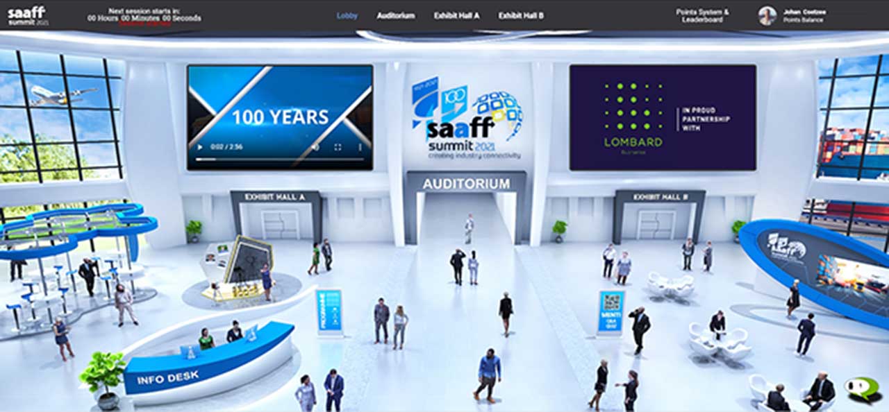 Virtual event exhibition with digital displays and info desk