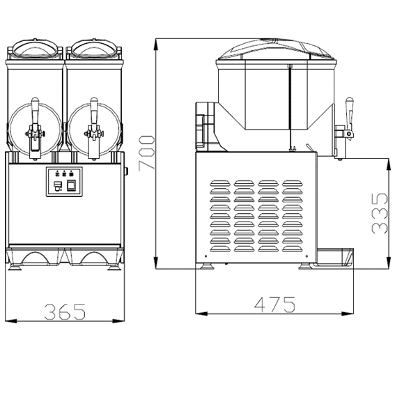 Diagram showing dimensions of a dual tank slush machine.