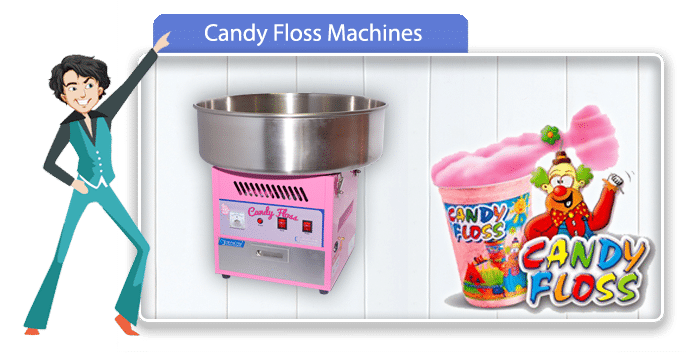Candy floss machine with pink design and promotional graphics