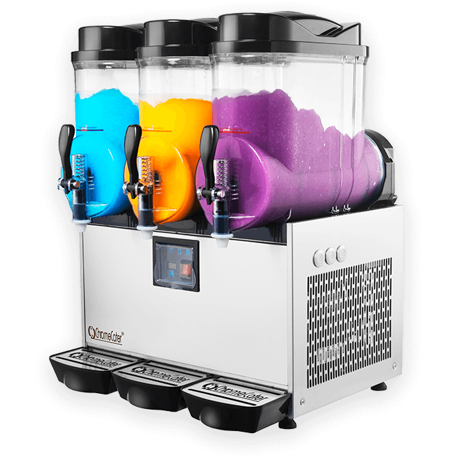 Three-container slush machine with blue, orange, and purple slush