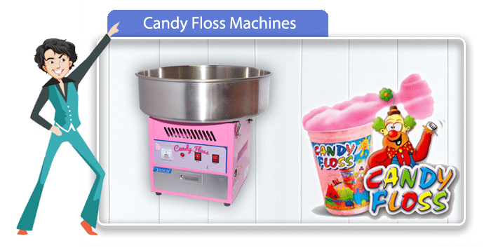 Pink candy floss machine with colorful graphics