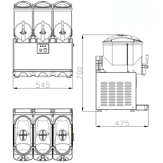 Technical diagram of a frozen drink machine with dimensions