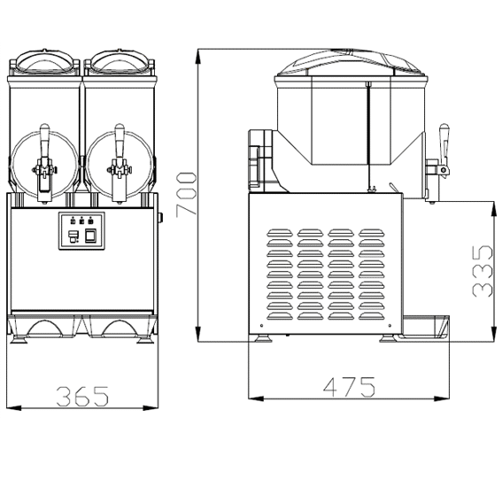 Technical drawing of a slush machine with dimensions.