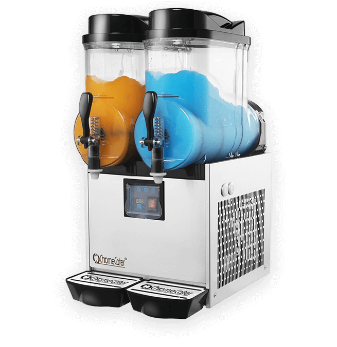 Dual slush machine with orange and blue slushy flavors