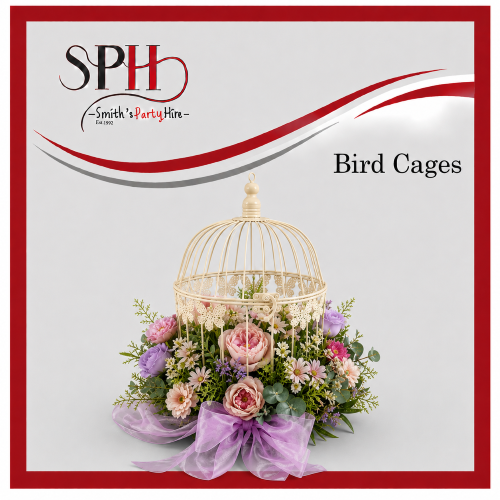 Decorative bird cage with flowers and ribbons