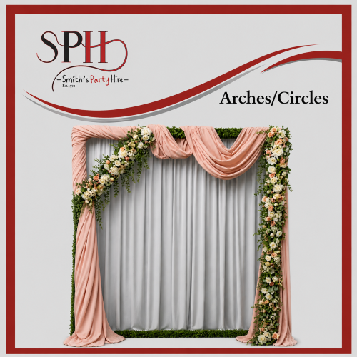 Floral arch with pink drapes and flowers
