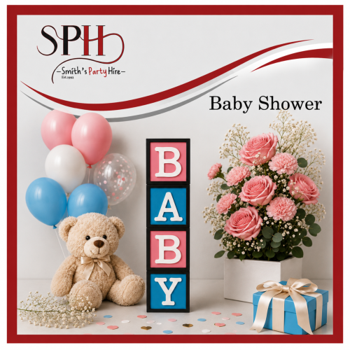 Baby shower decoration with balloons, teddy bear, flowers, and gift box.