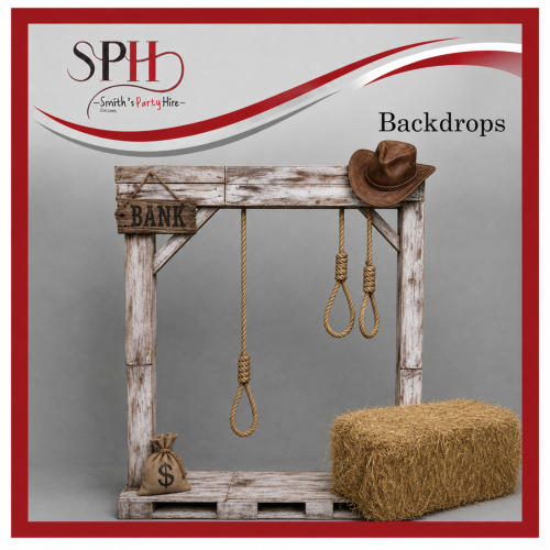 Western-themed backdrop with wooden frame and hay bale
