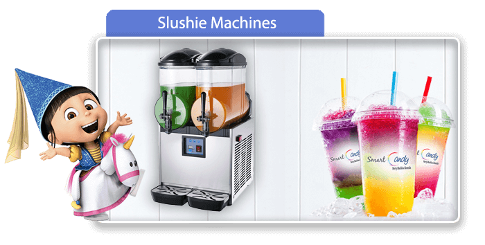 Slushie machine with colorful drinks and character mascot