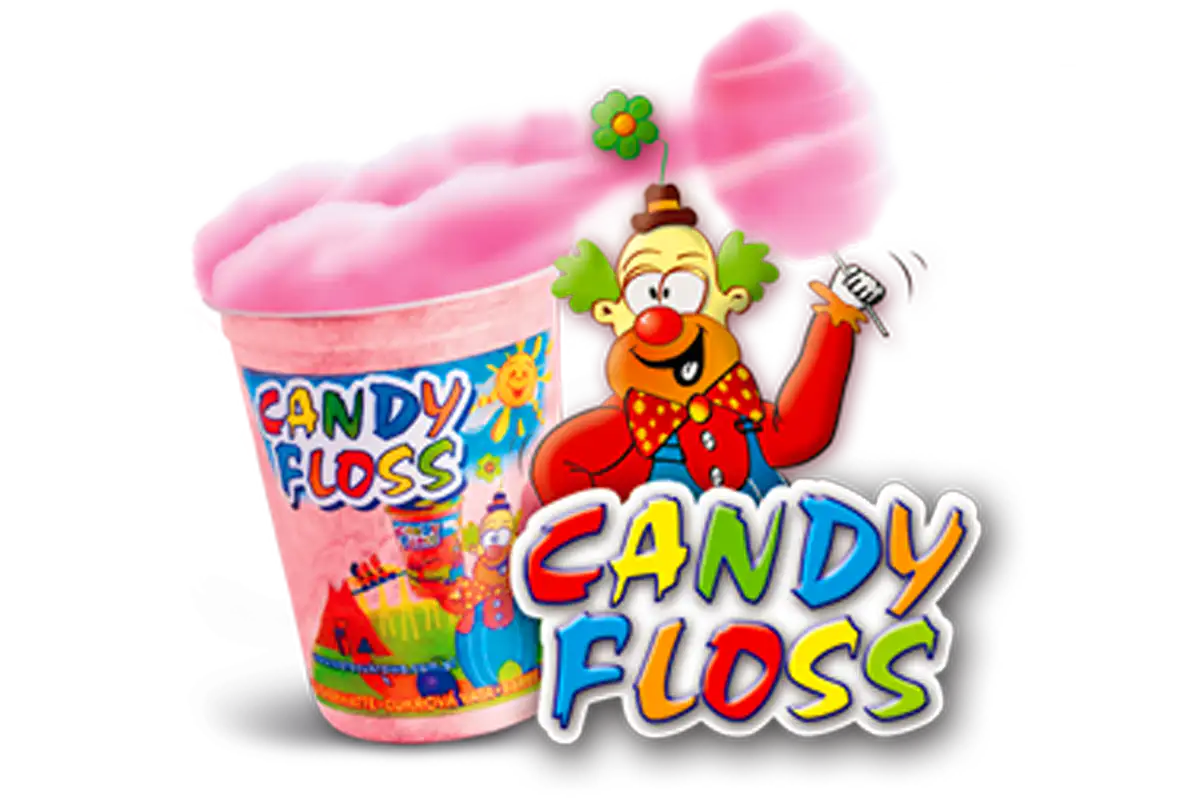 Graphic of candy floss container with clown illustration