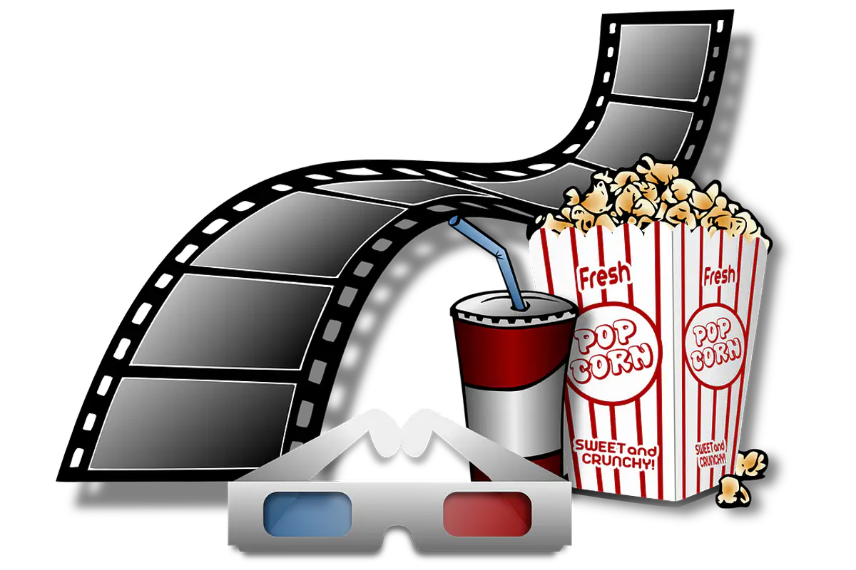 Graphic of a popcorn bucket, film reel, and 3D glasses