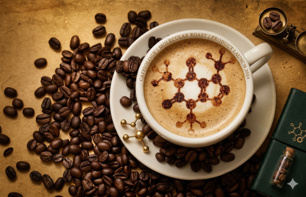 Close-up of cappuccino with molecular design and coffee beans.