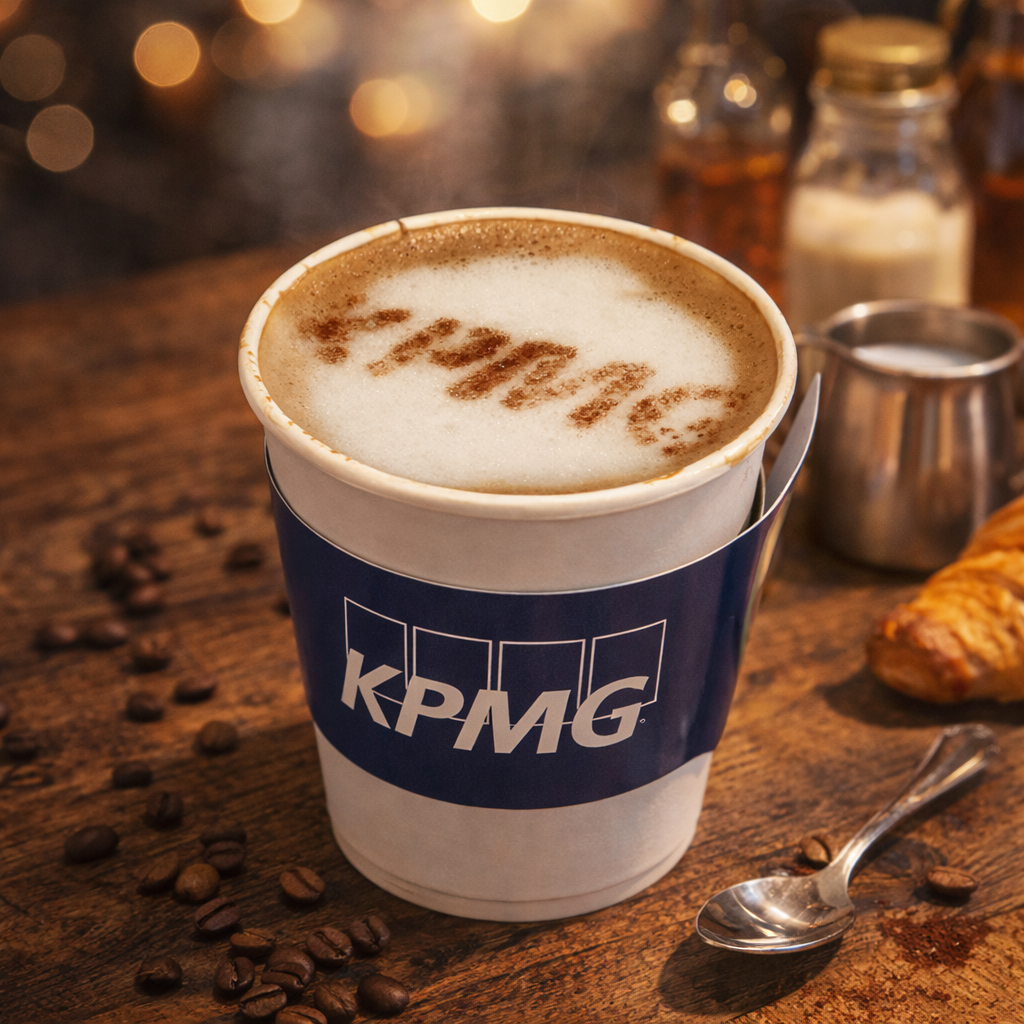 Latte in a KPMG branded cup with foam art