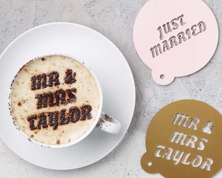 Cappuccino with 'Mr & Mrs Taylor' cocoa art and decorative stencils.