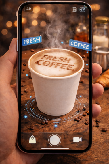 Hand holding a phone showing a frothy coffee cup with 'FRESH COFFEE' art