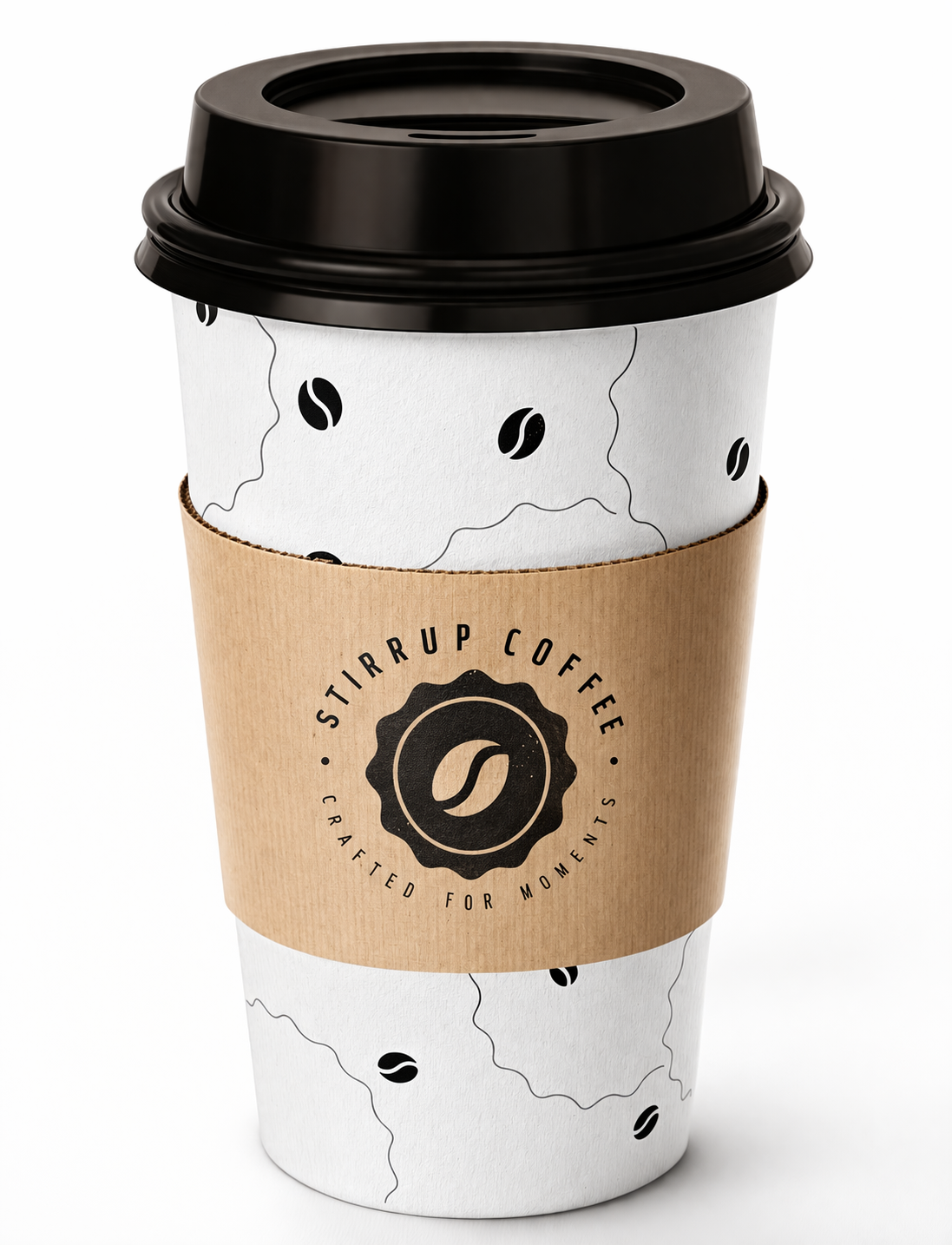 Branded coffee cup from Stirrup Coffee with a logo and bean pattern.