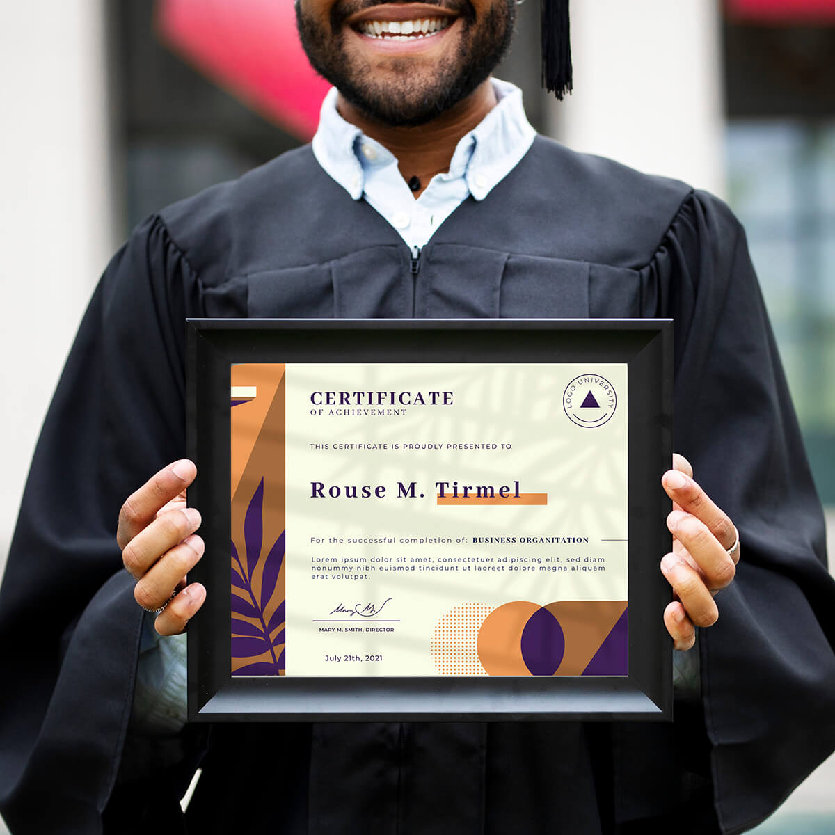 Customized achievement certificate held by a graduate