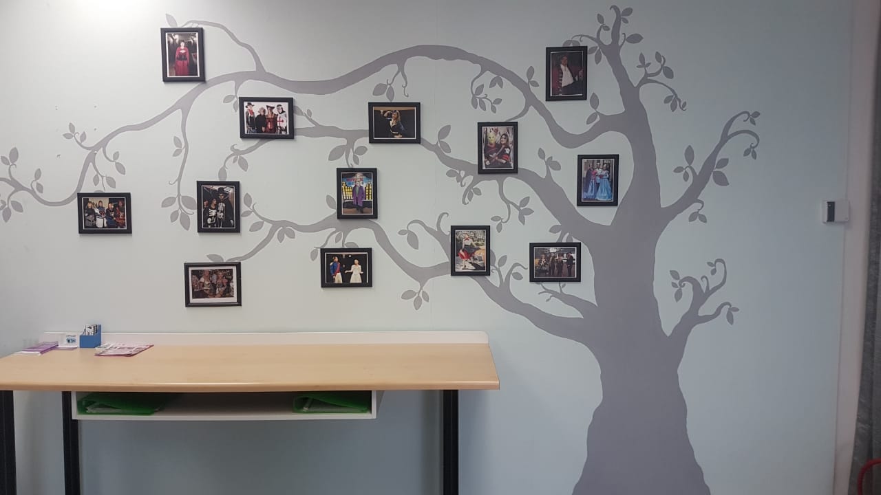 Decorative wall showcasing framed costume photos