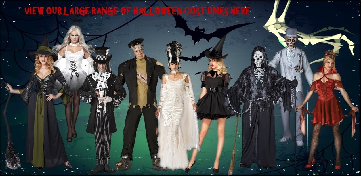 A variety of Halloween costumes displayed on a spooky background.