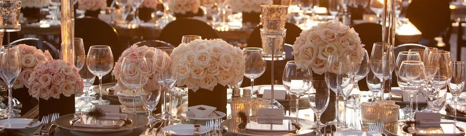 Table set with flowers and glassware for an event