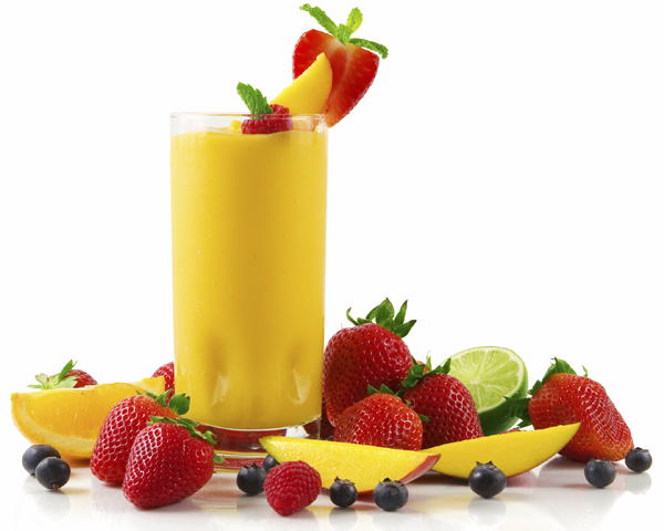 A vibrant fruit juice mocktail with strawberries, mango, and lime