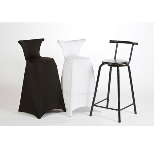 Three bar stools: black covered, white covered, and metal.