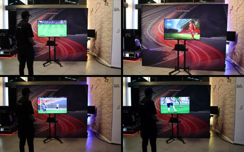 A gaming setup featuring racing simulators on display.