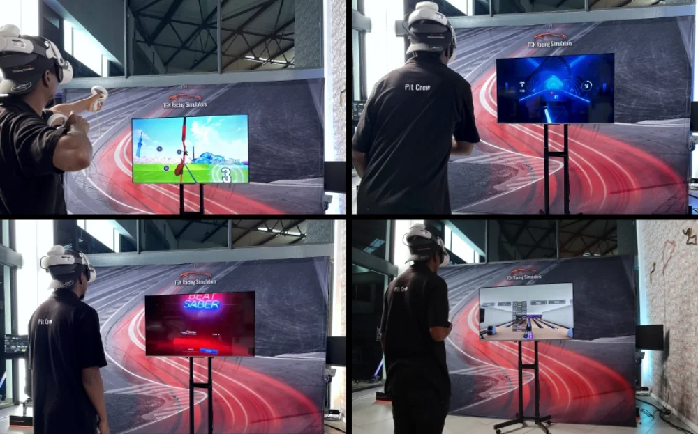 Participant using VR headset in a racing simulator setup
