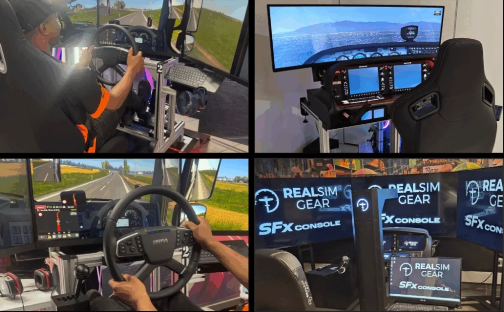 Collage of racing simulator setups featuring screens and steering wheels