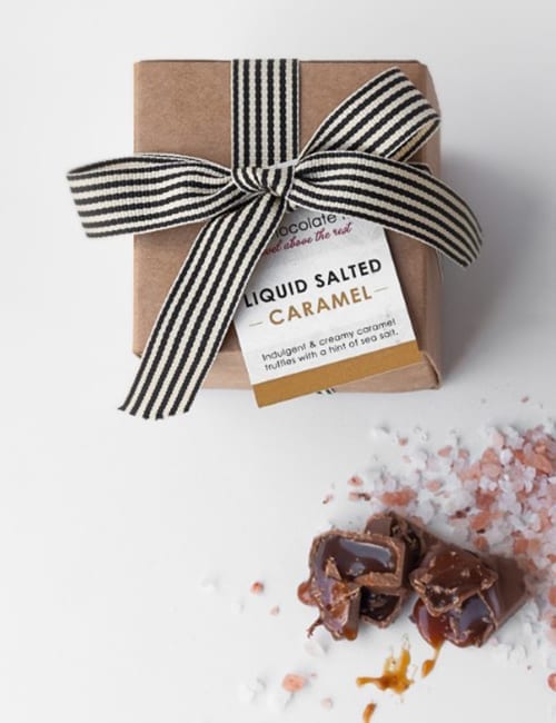 Gift box with liquid salted caramel chocolates and salt