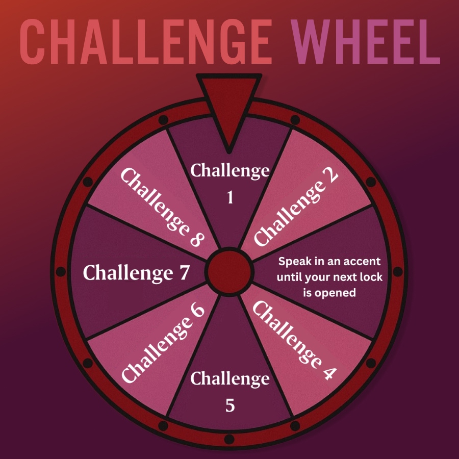Red challenge wheel with various tasks and challenges