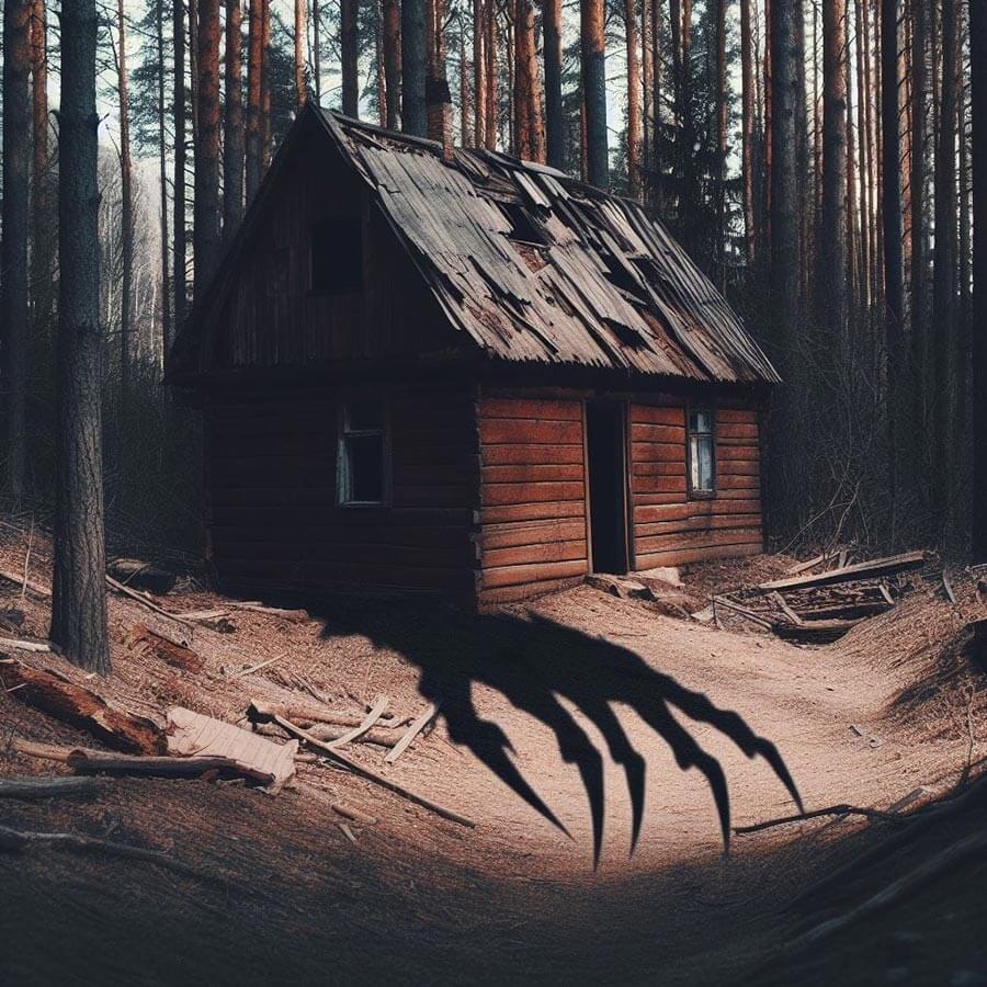 A spooky cabin in the woods with a shadow of a claw