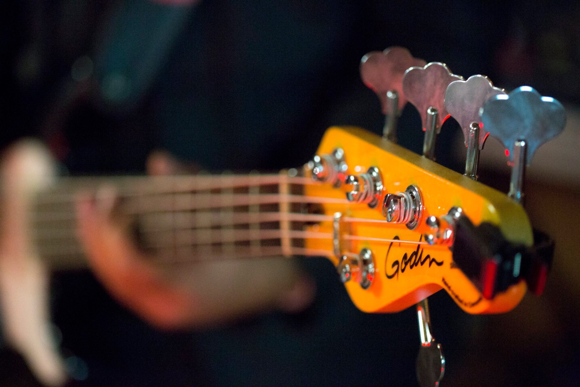 Close-up of a guitar headstock with tuning pegs