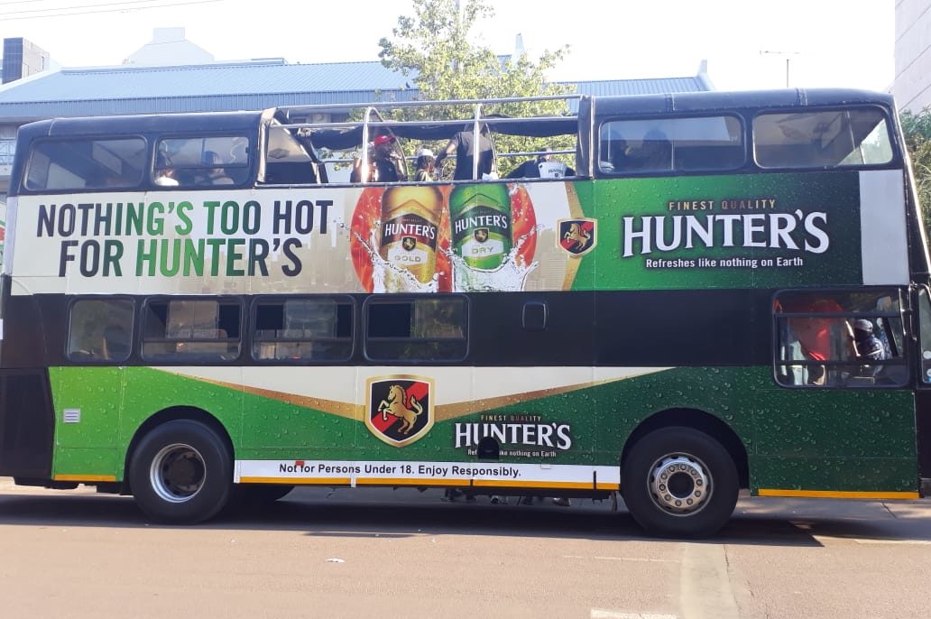 Branded double decker party bus with Hunter's logo