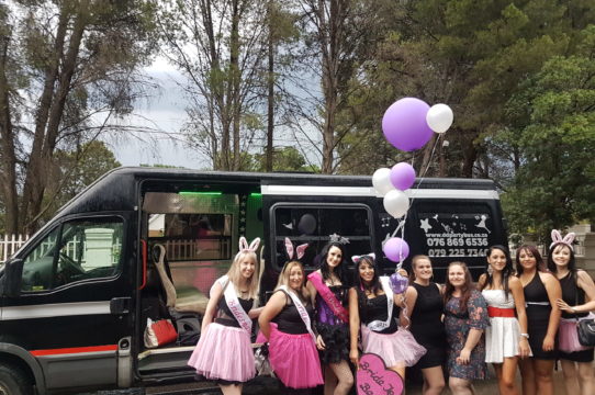 Group of guests next to a party bus with balloons