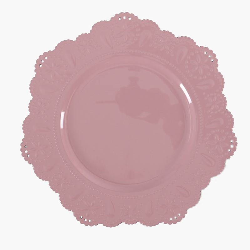 Round pink dessert plate with floral cut-out design