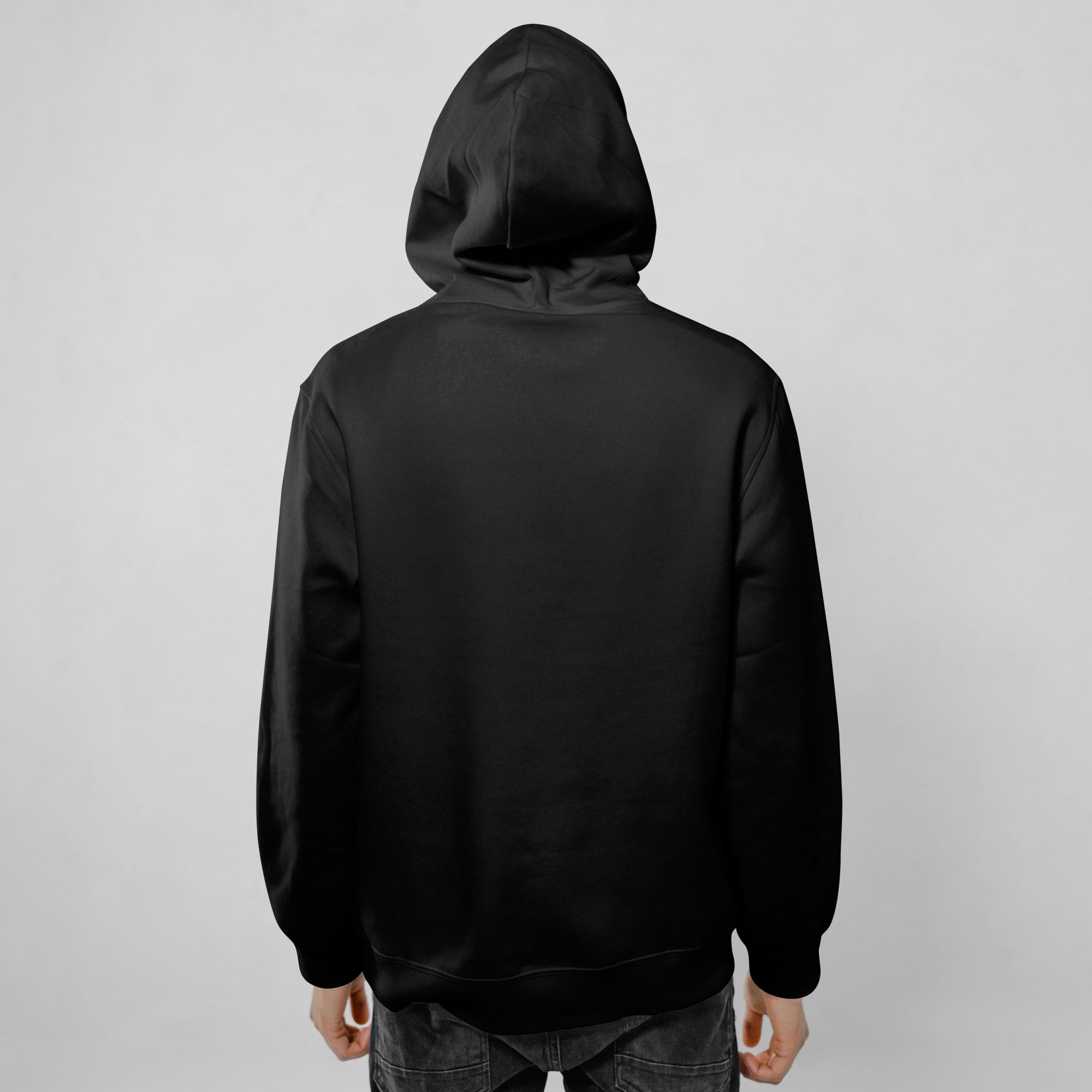 Back view of a blank black hoodie for printing
