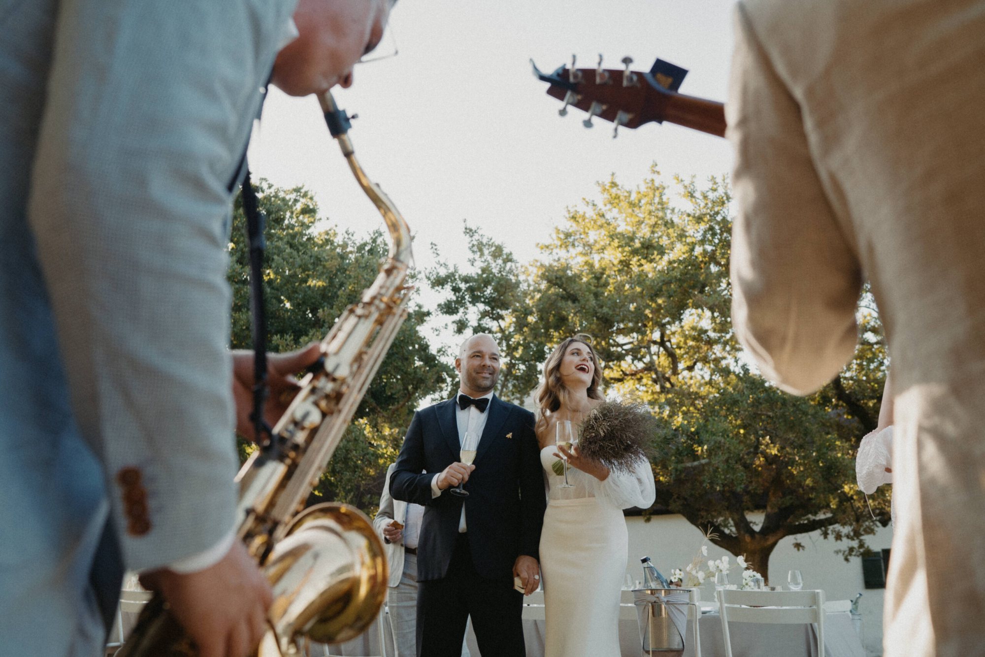 Live wedding musicians performing at a reception